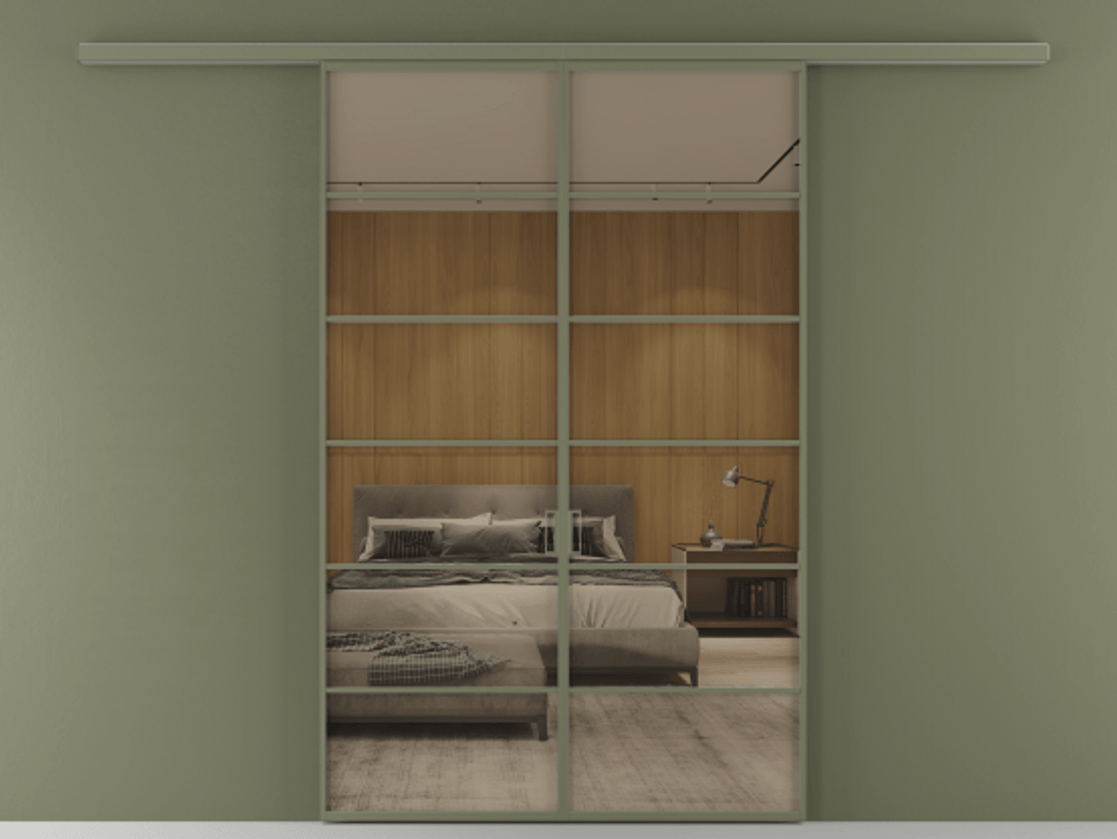 Перегородка Формато вдоль стены 2 створки АЛПР 040.04 Алюминий оливковый тёмный Рефлективное бронзовое стекло "Стопсол", калёное Цена 264600 ₽ | Volhovec