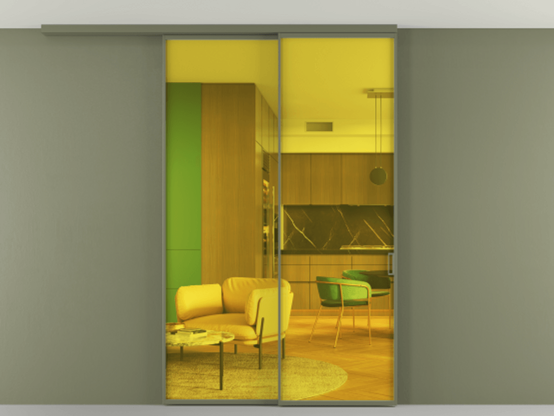 Перегородка Formato вдоль стены на потолок 2 створки с синхронным механизмом АЛПР 040.01 Алюминий оливковый тёмный Прозрачное жёлтое стекло, триплекс Цена 260805 ₽ | Volhovec