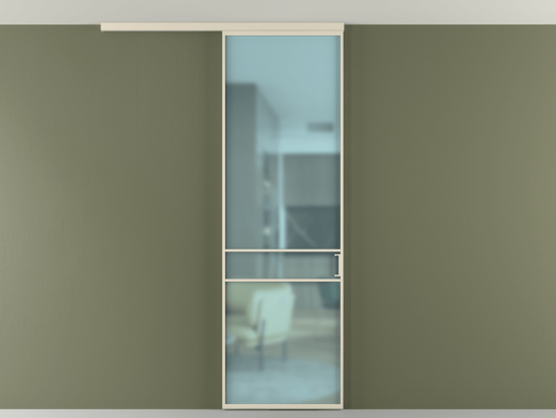 Межкомнатная дверь New Перегородка Formato вдоль стены на потолок одностворчатая АЛПР 040.02 Алюминий бежево-серый Сатинированное голубое стекло, триплекс, 6мм Цена 721900  | Volhovec