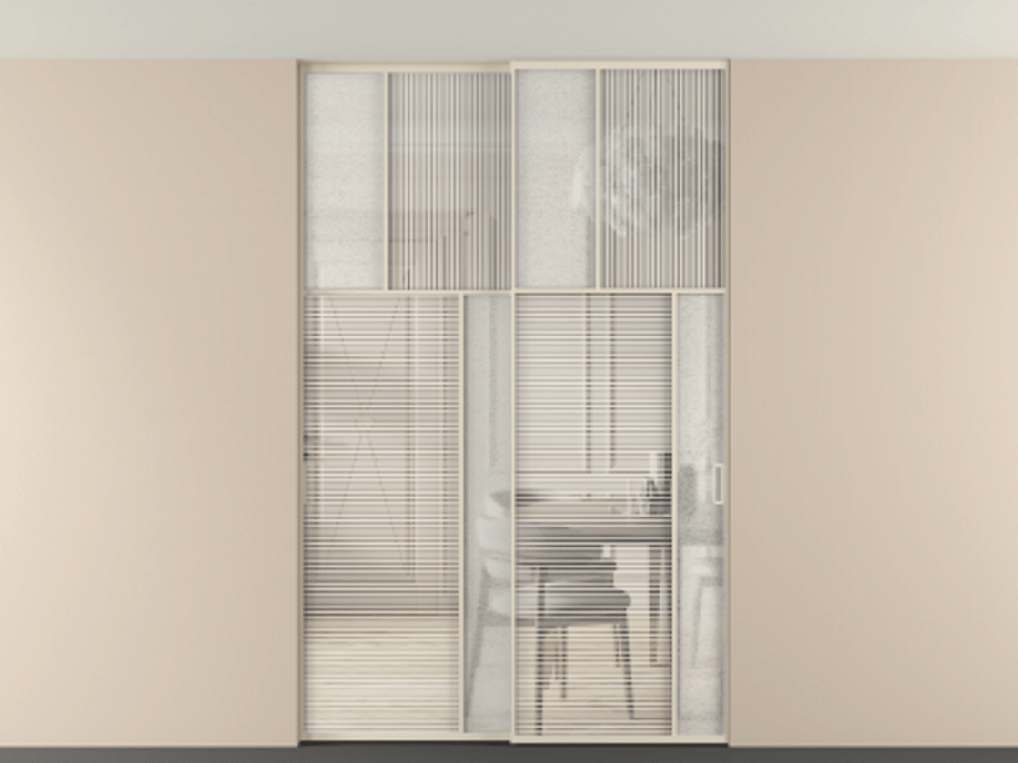Перегородка Мозаик внутри проёма скрытое крепление в потолок 2 створки АЛПР 041.23 Алюминий бежево-серый Рифлёное стекло "Дюна", триплекс, 6 мм + Фактурное стекло "Лёд", триплекс Цена 340580 ₽ | Volhovec