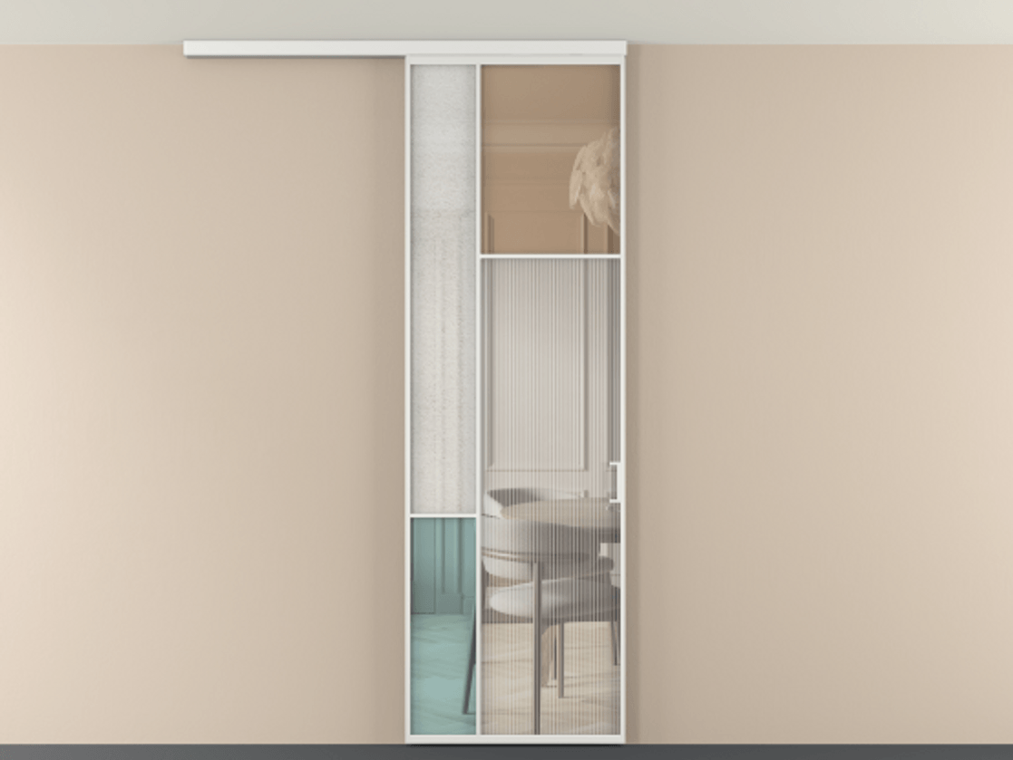 Перегородка Mosaic вдоль стены на потолок 1 створка АЛПР 041.11 Алюминий белоснежный Комбинация стекол Группы 1 и Группы 3 Цена 141040 ₽ | Volhovec