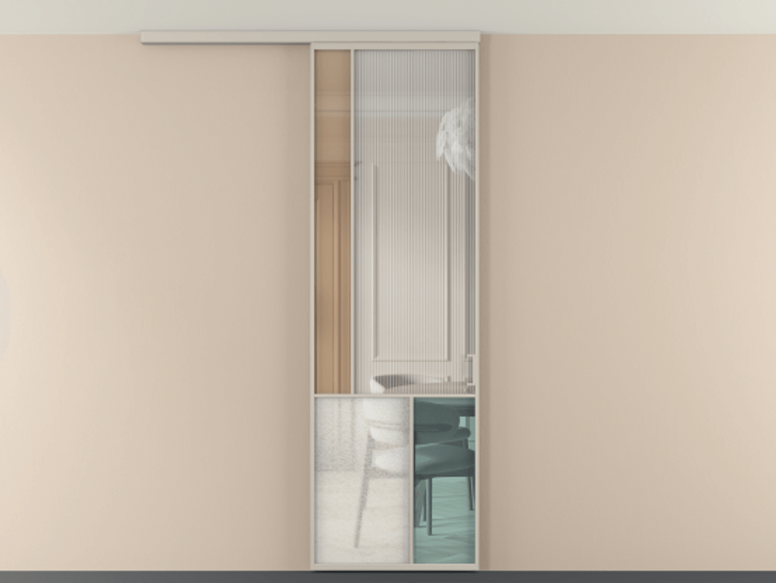 Перегородка Мозаик вдоль стены на потолок 1 створка АЛПР 041.20 Алюминий светло-бежевый Комбинация стекол Группы 1 и Группы 3 Цена 141040 ₽ | Volhovec