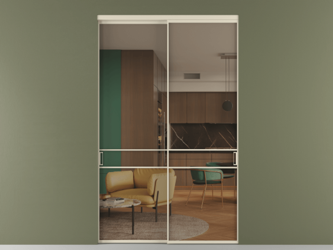 Перегородка Формато внутри проёма 2 створки АЛПР 040.02 Алюминий бежево-серый Прозрачное бронзовое стекло, триплекс Цена 424750 ₽  | Volhovec