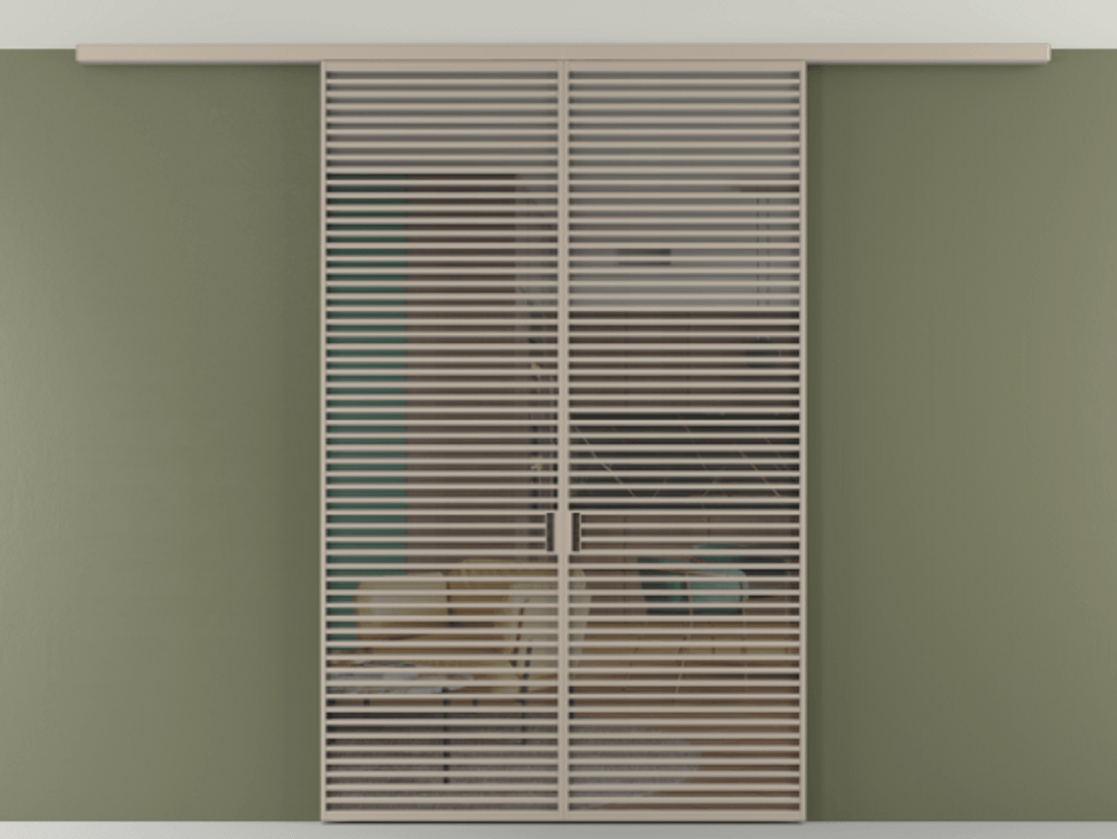 Перегородка Формато вдоль стены на потолок 2 створки АЛПР 040.07 Алюминий бисквитный Прозрачное серое стекло, триплекс Цена 367356 ₽ | Volhovec