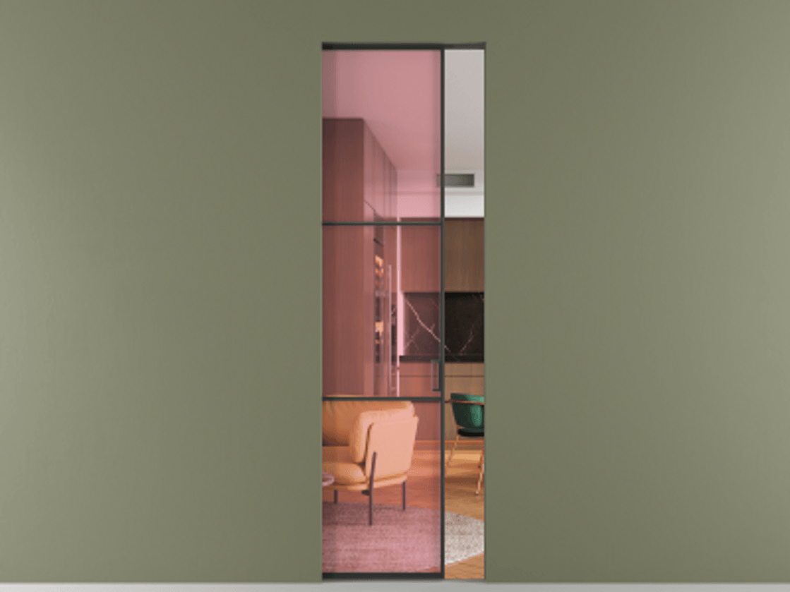 Перегородка Formato скрытый пенал 1 створка АЛПР 040.03 Алюминий Черный Прозрачное розовое стекло, триплекс Цена 152500 ₽ | Volhovec