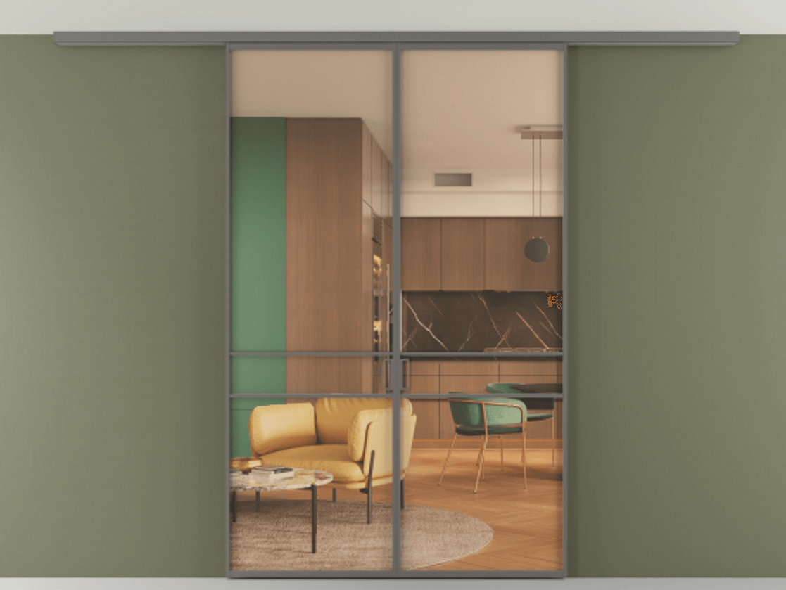 Перегородка Формато вдоль стены на потолок 2 створки АЛПР 040.02 Алюминий классический серый Прозрачное оранжевое стекло, триплекс Цена 186615 ₽ | Volhovec