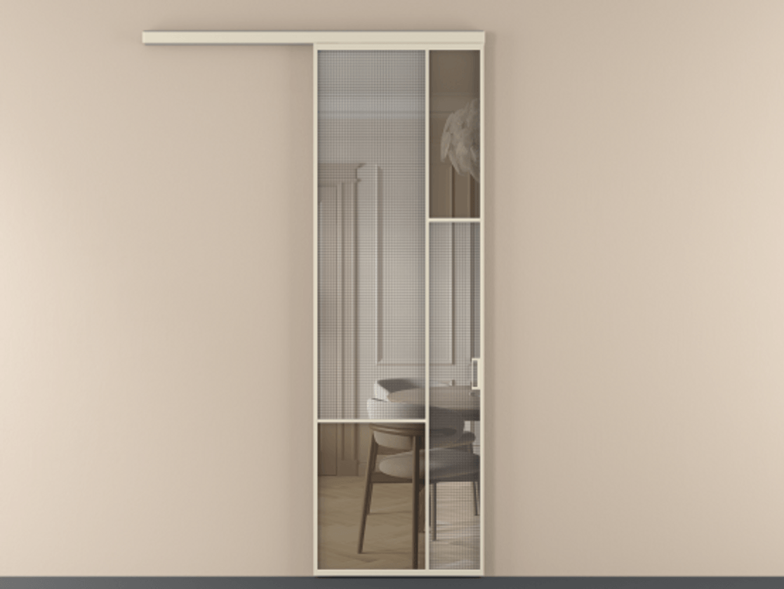 Перегородка Mosaic вдоль стены 1 створка АЛПР 041.12 Алюминий бежево-серый Декоративное стекло с сеткой "Mesh silver", триплекс, 6 мм + Прозрачное бронзовое стекло, триплекс Цена 143030 ₽ | Volhovec