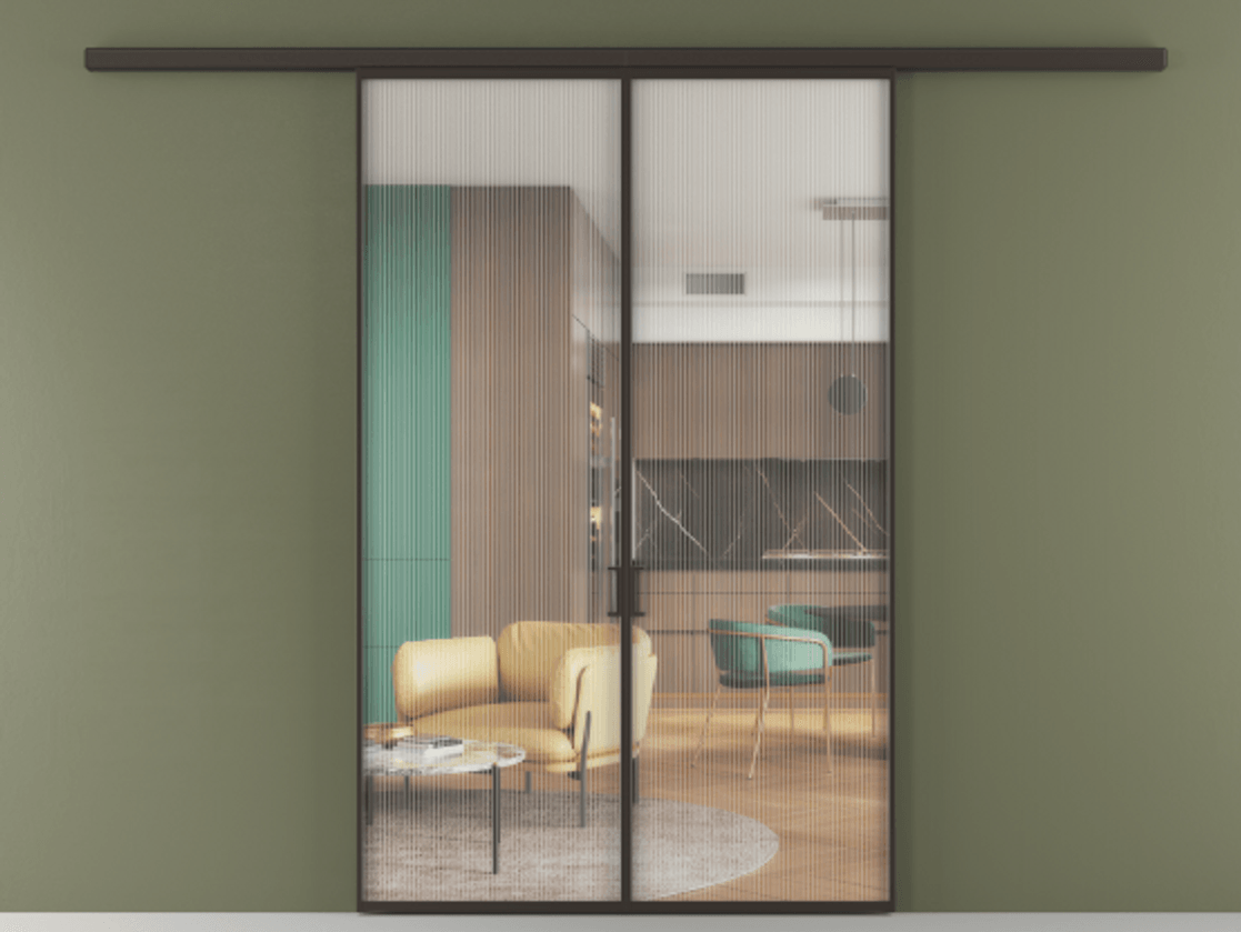 Перегородка Формато вдоль стены 2 створки АЛПР 040.01 Алюминий антрацит Рифлёное стекло "Мору", триплекс Цена 199350 ₽ | Volhovec