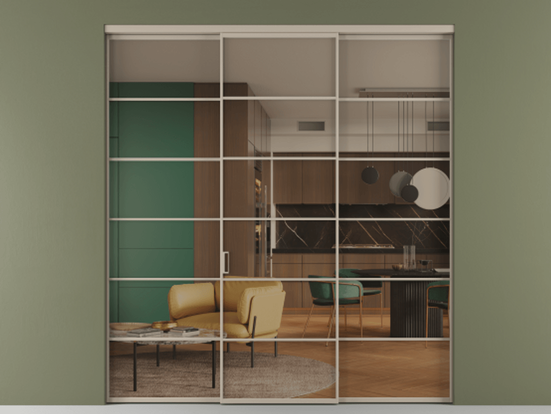 Перегородка Формато внутри проёма 3 створки АЛПР 040.04 Алюминий бисквитный Прозрачное бронзовое стекло, триплекс Цена 254825 ₽ | Volhovec