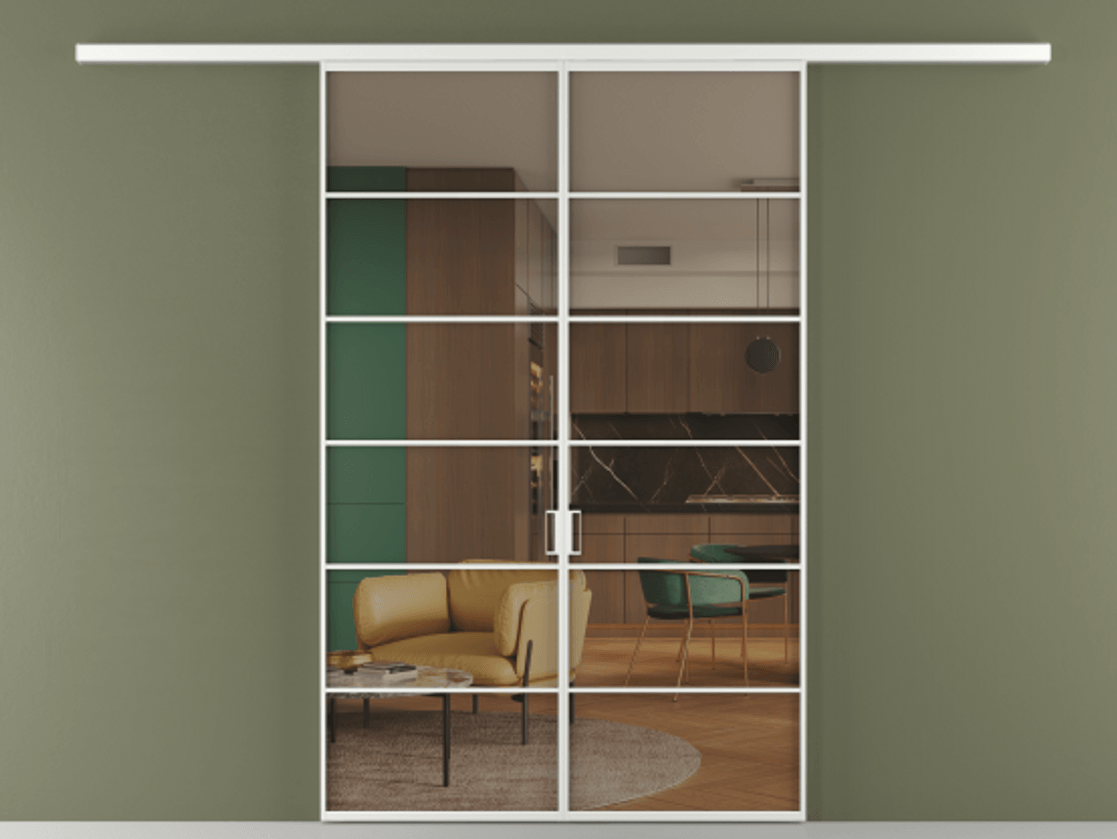 Перегородка Формато вдоль стены 2 створки АЛПР 040.04 Алюминий белоснежный Прозрачное бронзовое стекло, триплекс Цена 207150 ₽ | Volhovec