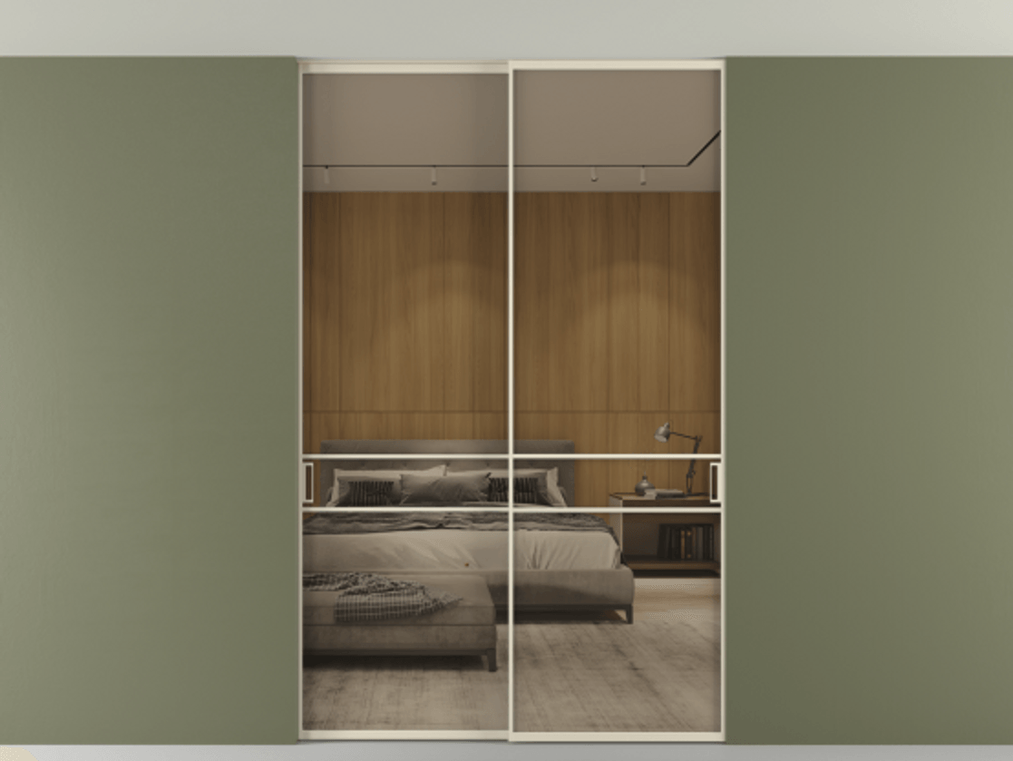 Перегородка Формато внутри проёма скрытое крепление в потолок 2 створки АЛПР 040.02 Алюминий бежево-серый Рефлективное бронзовое стекло "Стопсол", калёное Цена 305520 ₽ | Volhovec