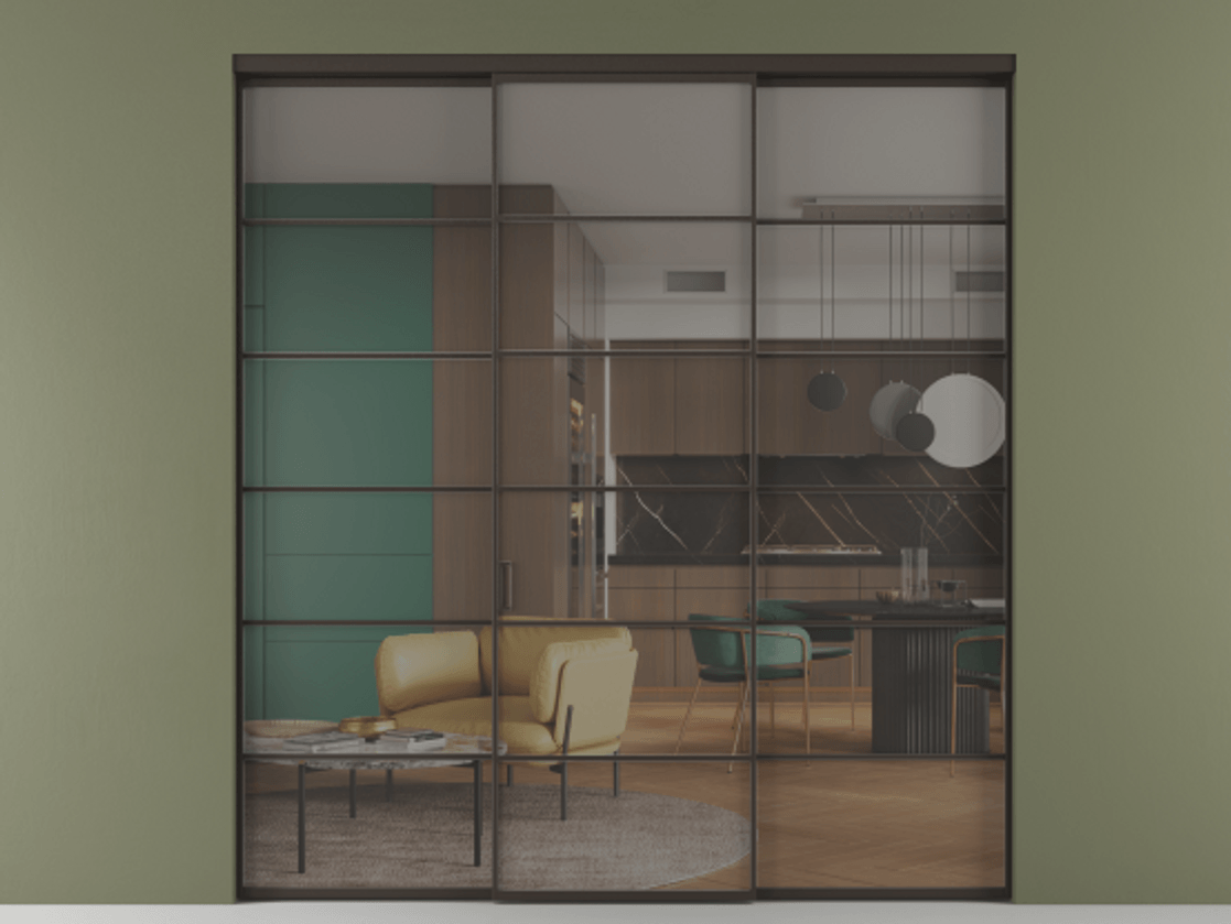 Перегородка Формато внутри проёма 3 створки АЛПР 040.04 Алюминий антрацит Прозрачное серое стекло, триплекс Цена 254825 ₽ | Volhovec