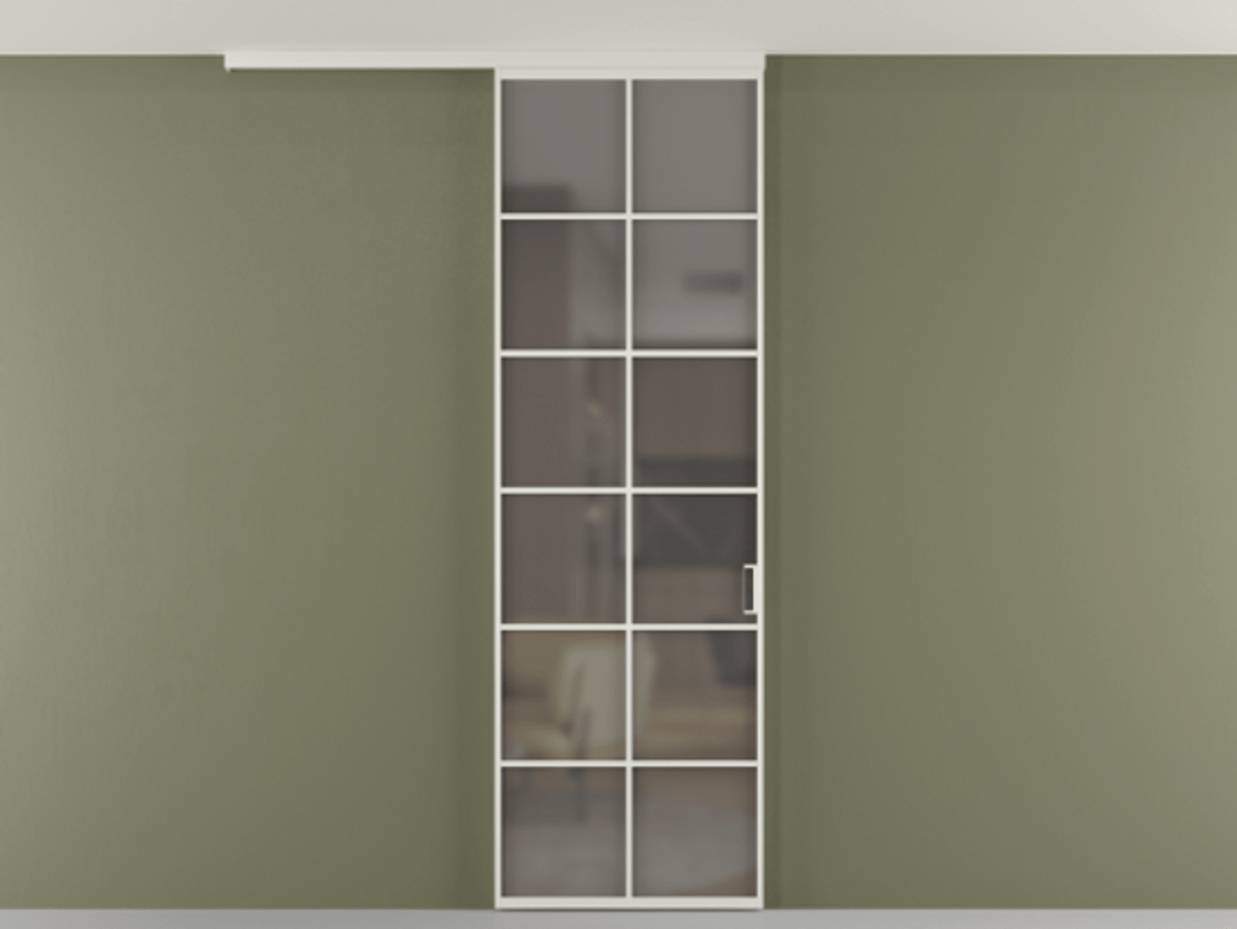 Перегородка Формато вдоль стены на потолок 1 створка АЛПР 040.05 Алюминий Белый Сатинированное серое стекло, триплекс Цена 99293 ₽ | Volhovec