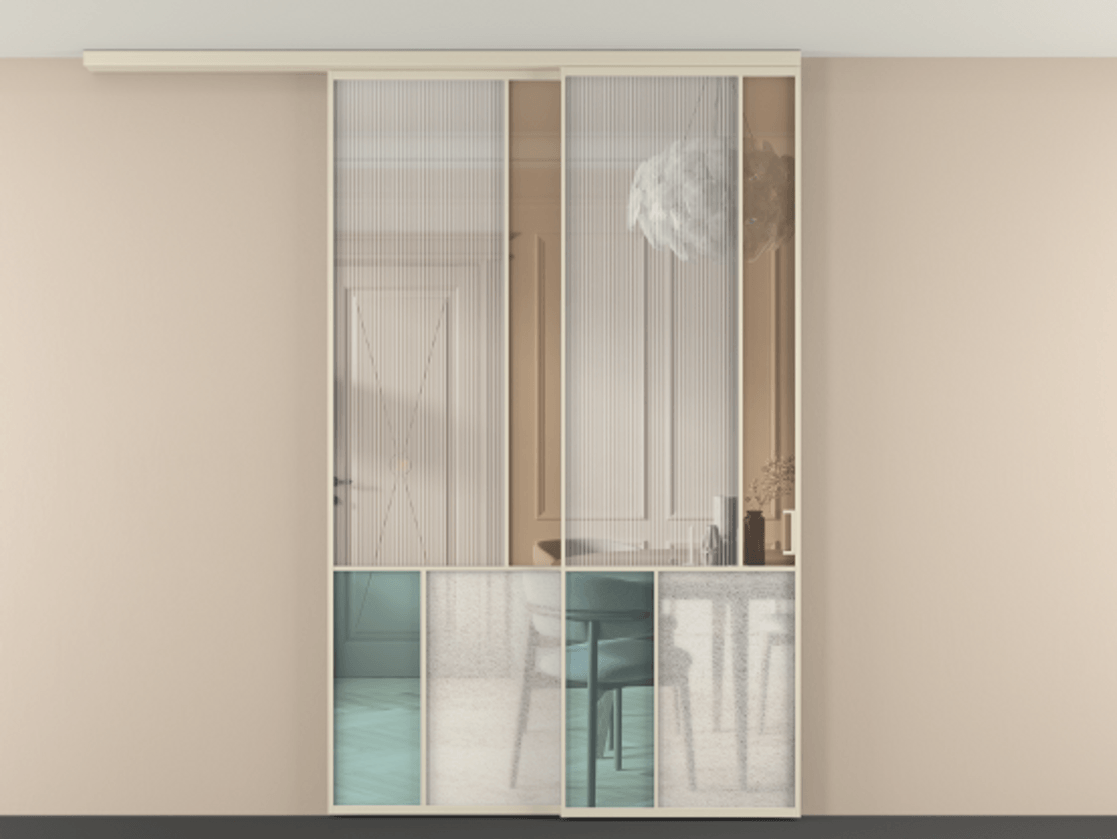 Перегородка Mosaic вдоль стены на потолок телескопик синхро 2 АЛПР 041.21 Алюминий бежево-серый Комбинация стекол Группы 1 и Группы 3 Цена 66263260 so'm | Volhovec