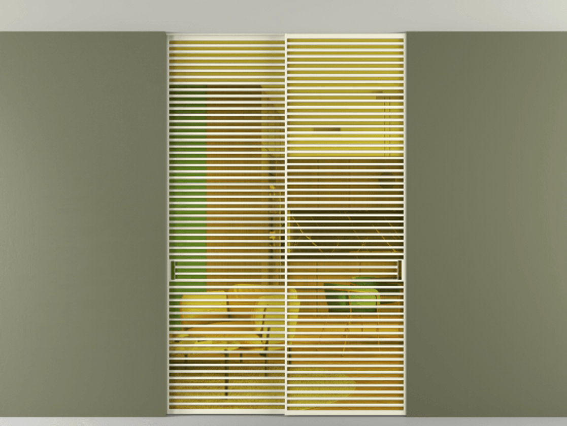 Перегородка Formato внутри проёма скрытое крепление в потолок 2 створки АЛПР 040.07 Алюминий молочно-белый Прозрачное жёлтое стекло, триплекс Цена 409915 ₽ | Volhovec