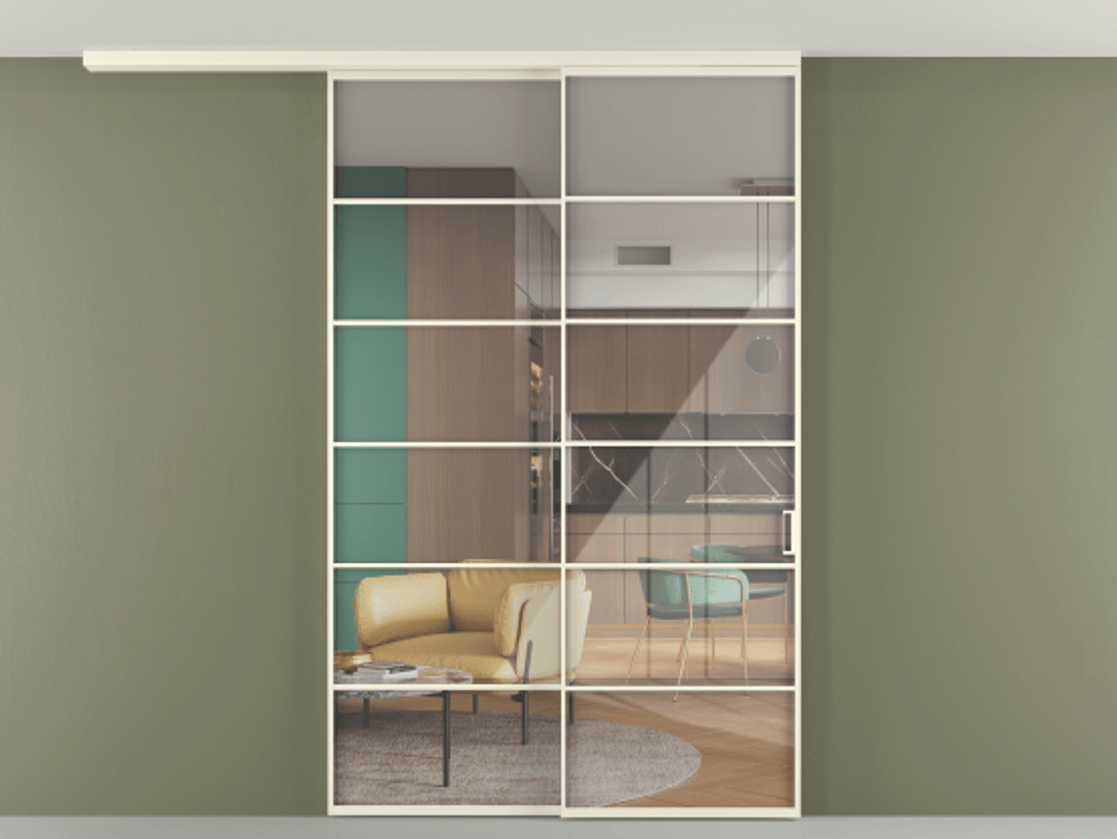 Перегородка Формато вдоль стены на потолок 2 створки с синхронным механизмом АЛПР 040.04 Алюминий молочно-белый Рефлективное прозрачное стекло "Стопсол", калёное Цена 443360 сом | Volhovec