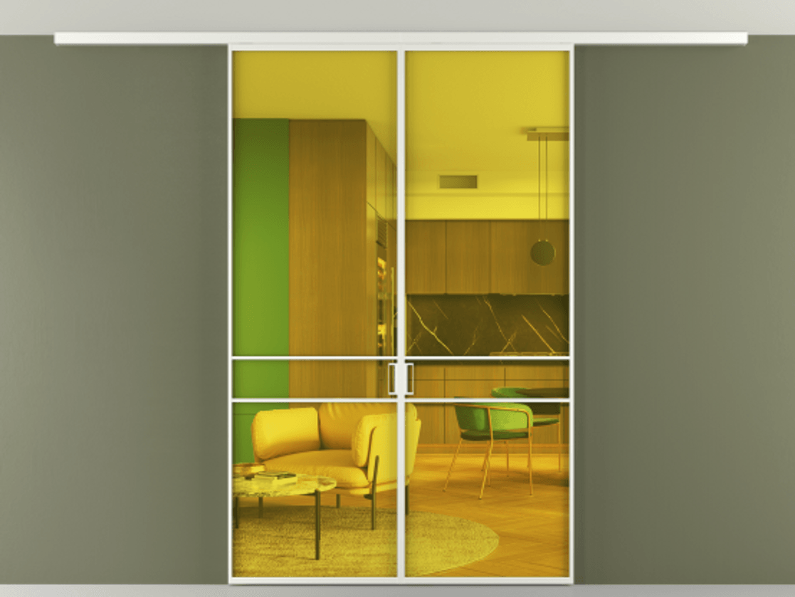 Перегородка Formato вдоль стены на потолок 2 створки АЛПР 040.02 Алюминий светло-серый Прозрачное жёлтое стекло, триплекс Цена 194876 ₽ | Volhovec