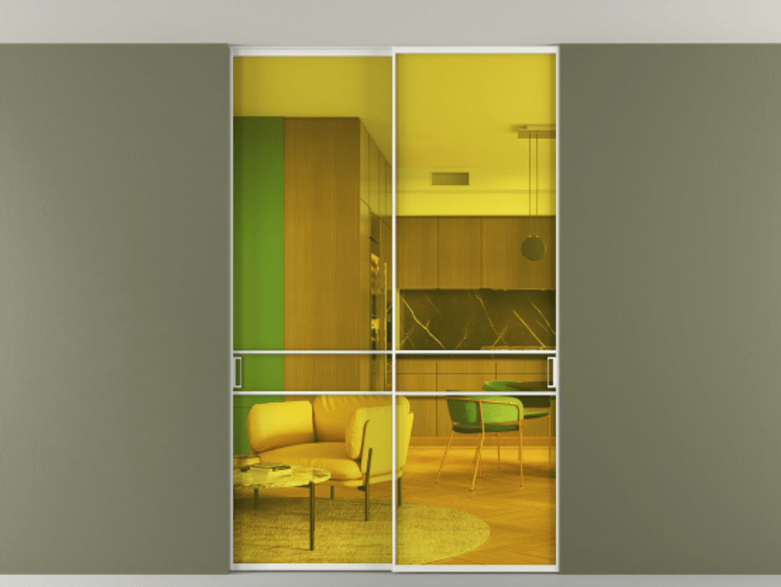 Перегородка Formato внутри проёма скрытое крепление в потолок 2 створки АЛПР 040.02 Алюминий светло-серый Прозрачное жёлтое стекло, триплекс Цена 256476 ₽ | Volhovec