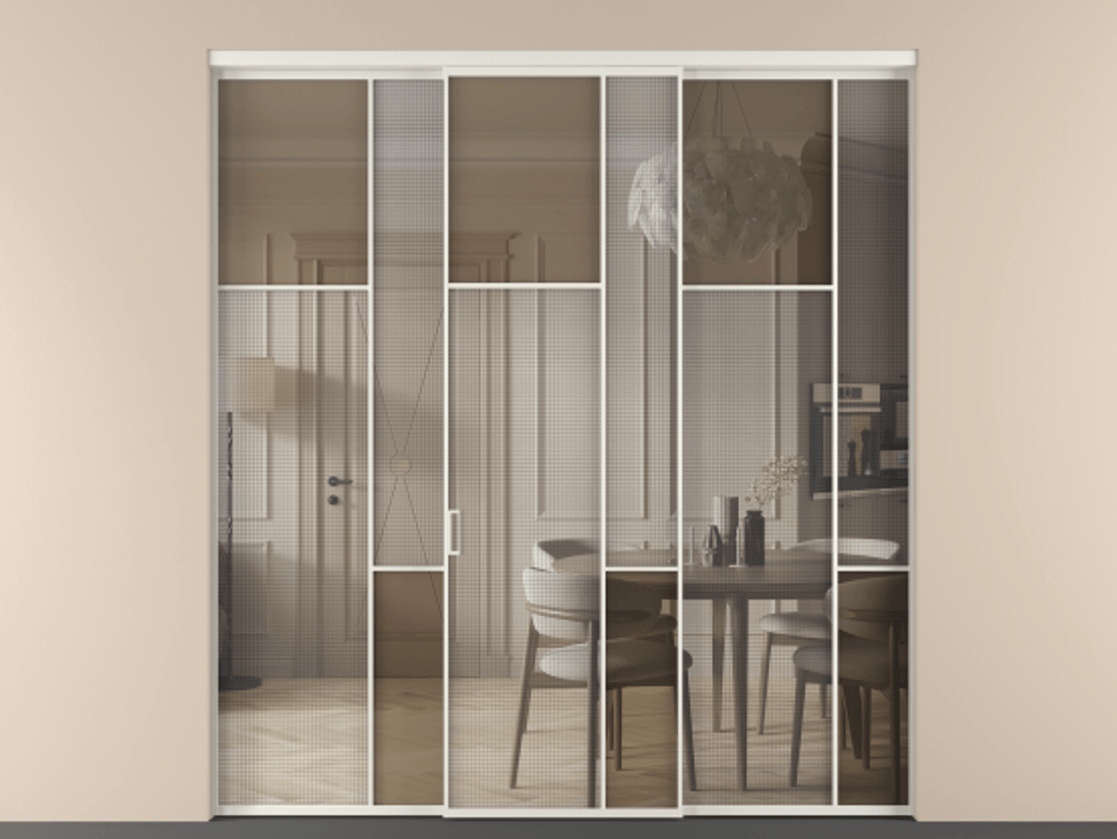 Перегородка Mosaic внутри проёма трёхстворчатая АЛПР 041.10 Алюминий Белый Mesh silver + Бронза прозрачное триплекс Цена 326440 ₽ | Volhovec