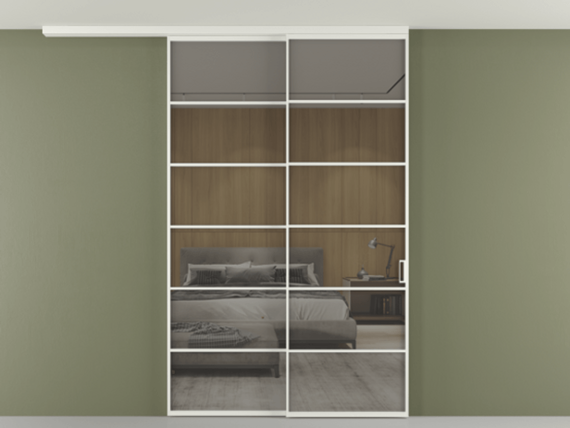 Перегородка Формато вдоль стены на потолок 2 створки с синхронным механизмом АЛПР 040.04 Алюминий светло-серый Рефлективное серое стекло "Стопсол", калёное Цена 344180 ₽ | Volhovec