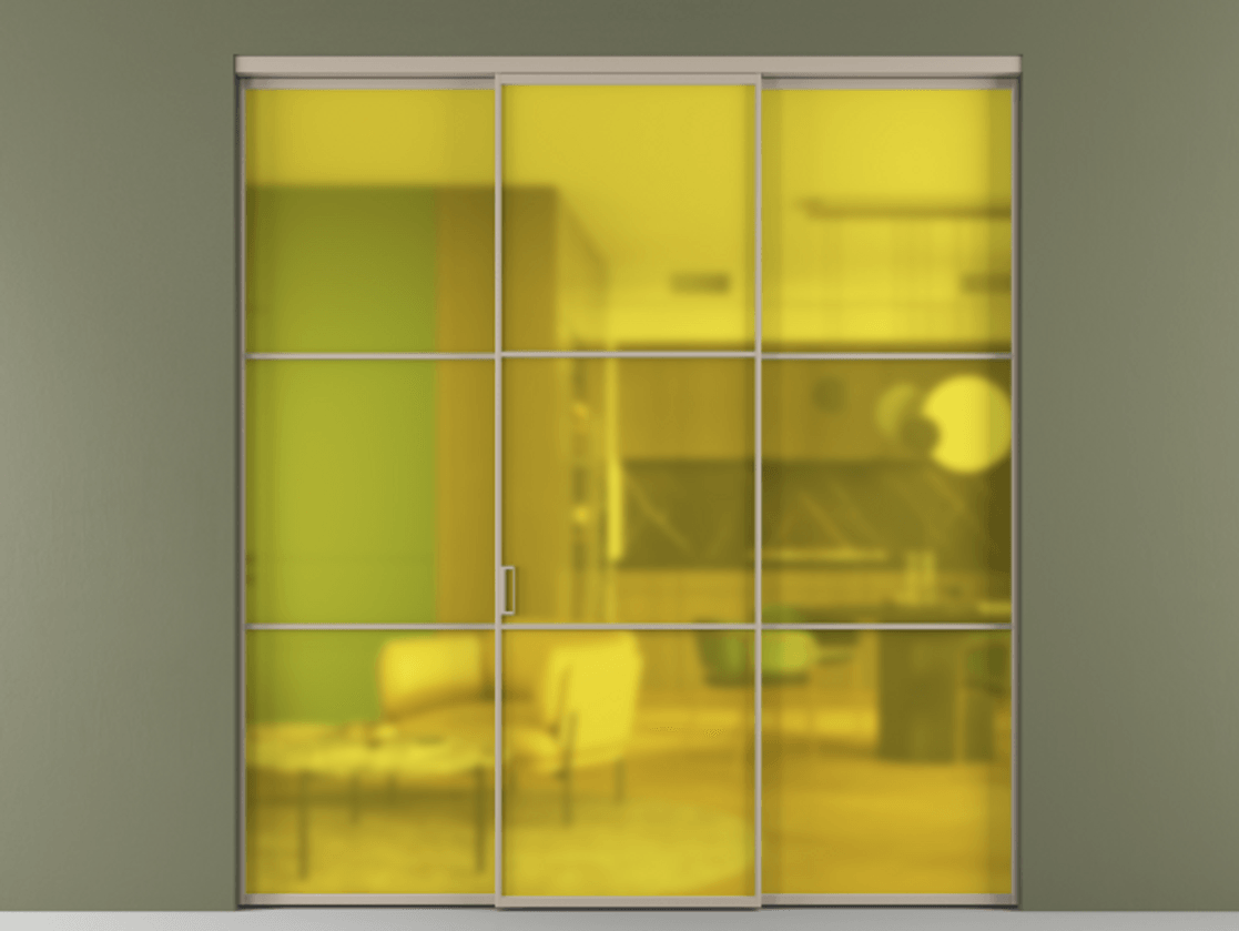 Перегородка Formato внутри проёма 3 створки АЛПР 040.03 Алюминий бисквитный Сатинированное жёлтое стекло, триплекс Цена 237275 ₽ | Volhovec