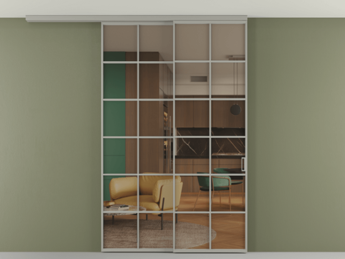 Перегородка Формато вдоль стены на потолок 2 створки с синхронным механизмом АЛПР 040.05 Алюминий нейтральный серый Прозрачное бронзовое стекло, триплекс Цена 291704 ₽ | Volhovec