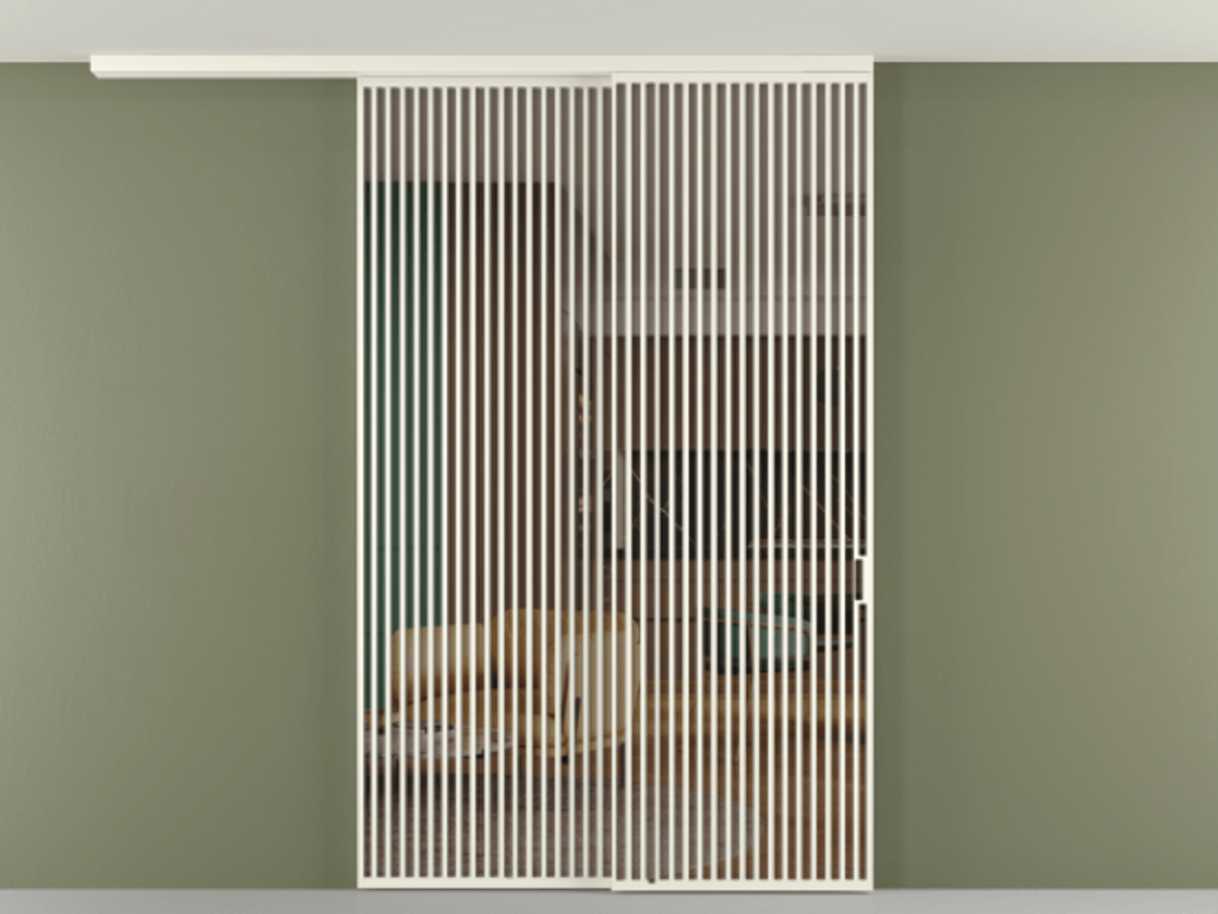 Перегородка Формато вдоль стены на потолок 2 створки с синхронным механизмом АЛПР 040.06 Алюминий жемчужный Прозрачное бронзовое стекло, триплекс Цена 450456 ₽ | Volhovec