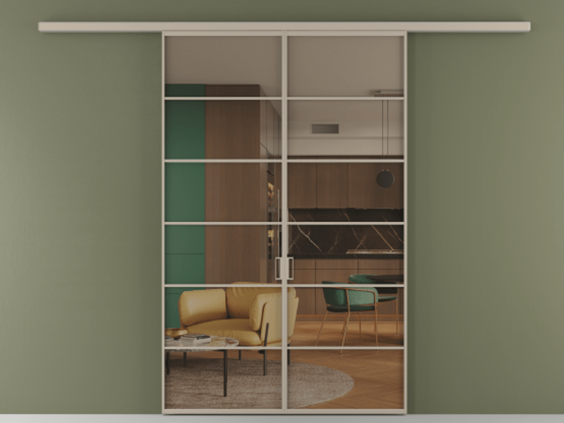 Перегородка Формато вдоль стены 2 створки АЛПР 040.04 Алюминий бисквитный Прозрачное бронзовое стекло, триплекс Цена 207150 ₽ | Volhovec