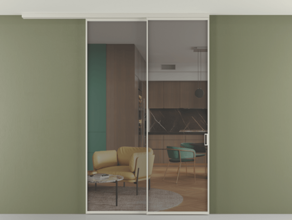 Перегородка Формато вдоль стены на потолок 2 створки с синхронным механизмом АЛПР 040.01 Алюминий тёплый серый Прозрачное серое стекло, триплекс Цена 299140 ₽ | Volhovec