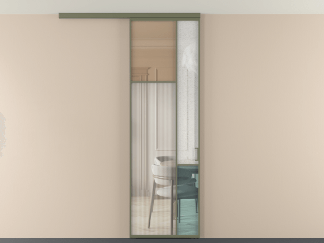 Перегородка Мозаик вдоль стены на потолок 1 створка АЛПР 041.10 Алюминий оливковый тёмный Комбинация стекол Группы 1 и Группы 3 Цена 141040 ₽ | Volhovec