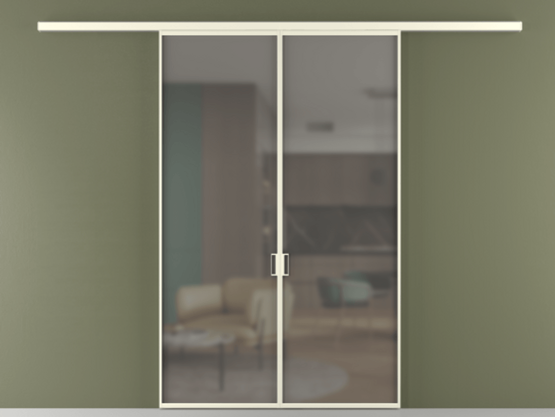 Перегородка Формато вдоль стены 2 створки АЛПР 040.01 Алюминий молочно-белый Сатинированное серое стекло, триплекс Цена 187350 ₽ | Volhovec