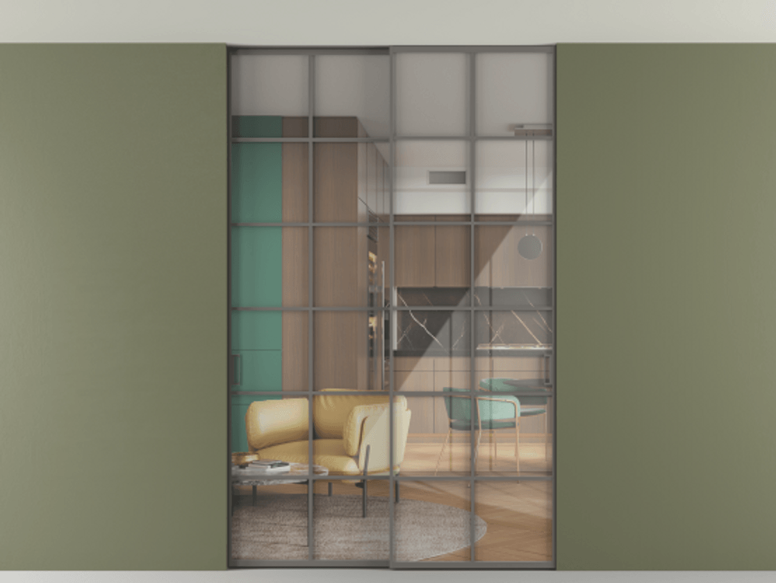 Перегородка Формато внутри проёма скрытое крепление в потолок 2 створки АЛПР 040.05 Алюминий классический серый Рефлективное прозрачное стекло "Стопсол", калёное Цена 322680 ₽ | Volhovec