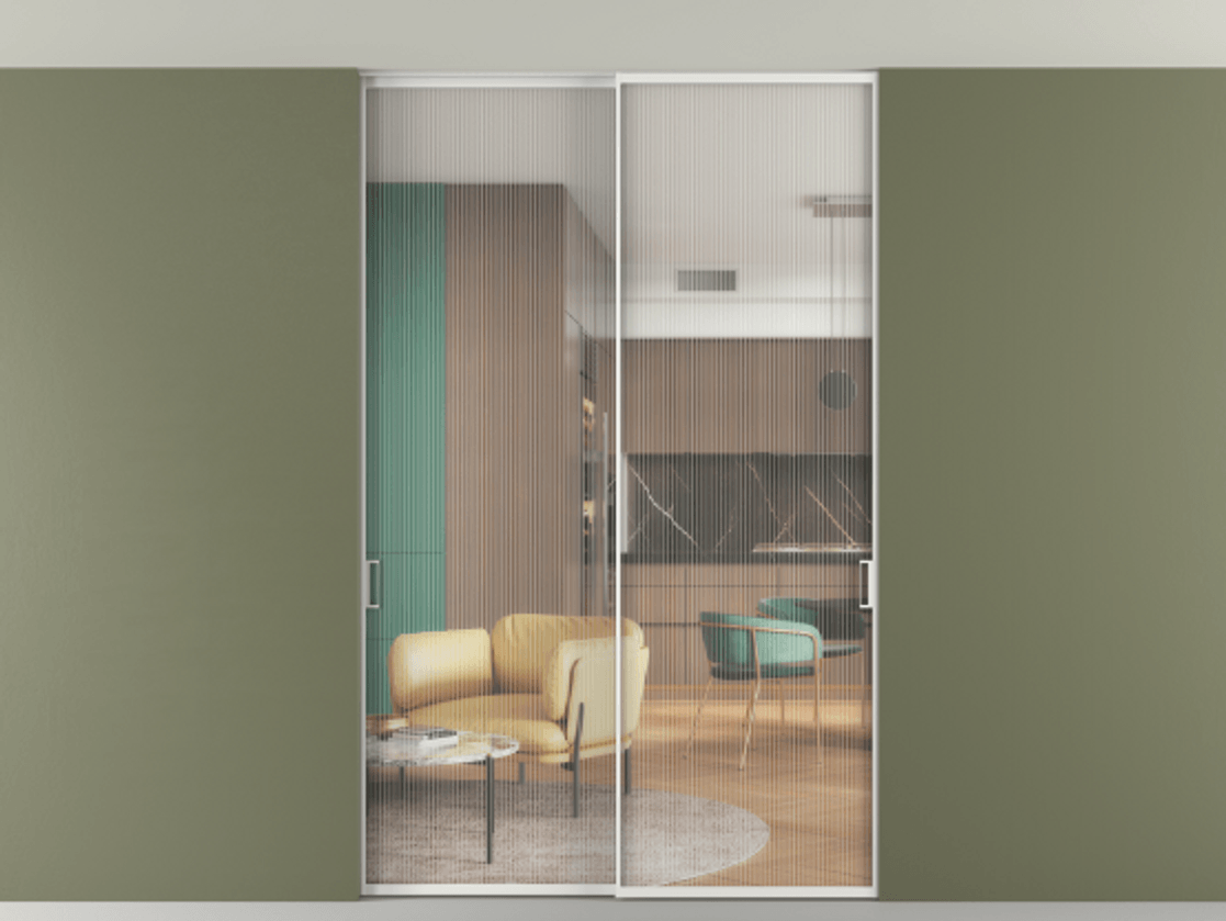 Перегородка Формато внутри проёма скрытое крепление в потолок 2 створки АЛПР 040.01 Алюминий белоснежный Рифлёное стекло "Мору", триплекс Цена 251305 ₽ | Volhovec