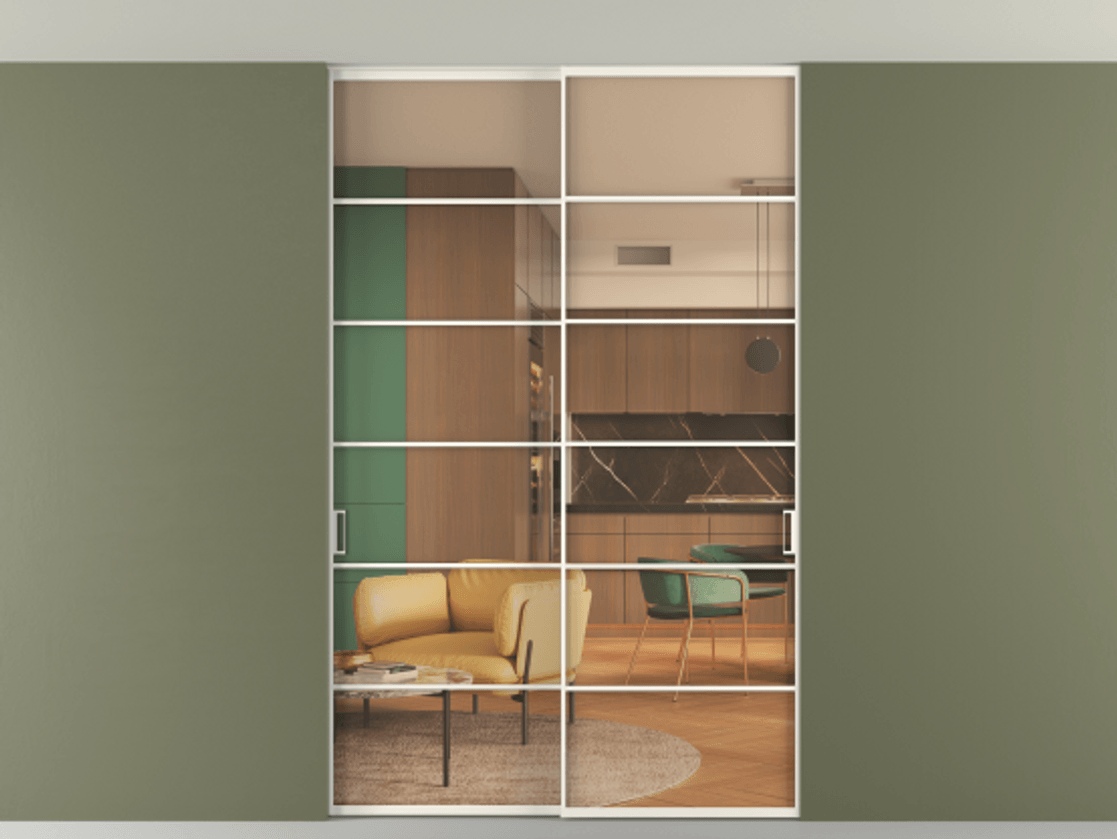 Перегородка Формато внутри проёма скрытое крепление в потолок 2 створки АЛПР 040.04 Алюминий пудровый белый Прозрачное оранжевое стекло, триплекс Цена 261085 ₽ | Volhovec