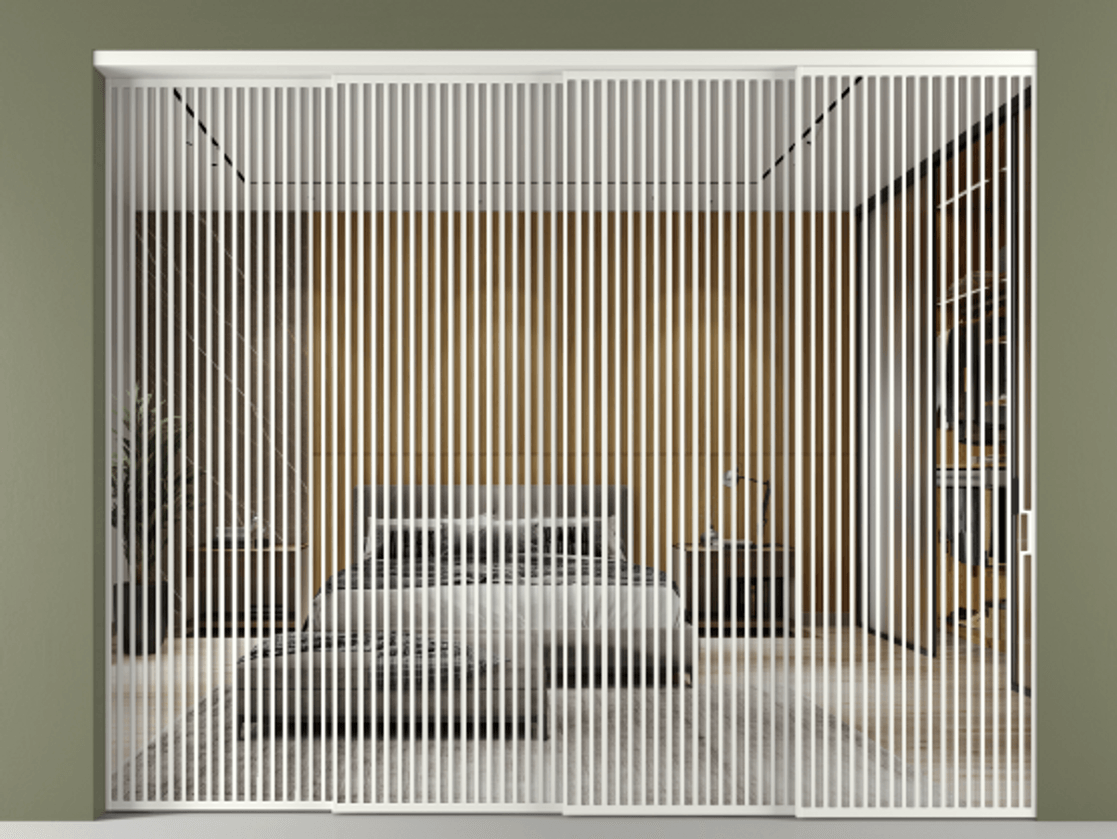 Перегородка Формато внутри проёма 4 створки с синхронным механизмом АЛПР 040.06 Алюминий светло-серый Двустороннее зеркало, триплекс , триплекс 6 мм Цена 777320 ₽ | Volhovec