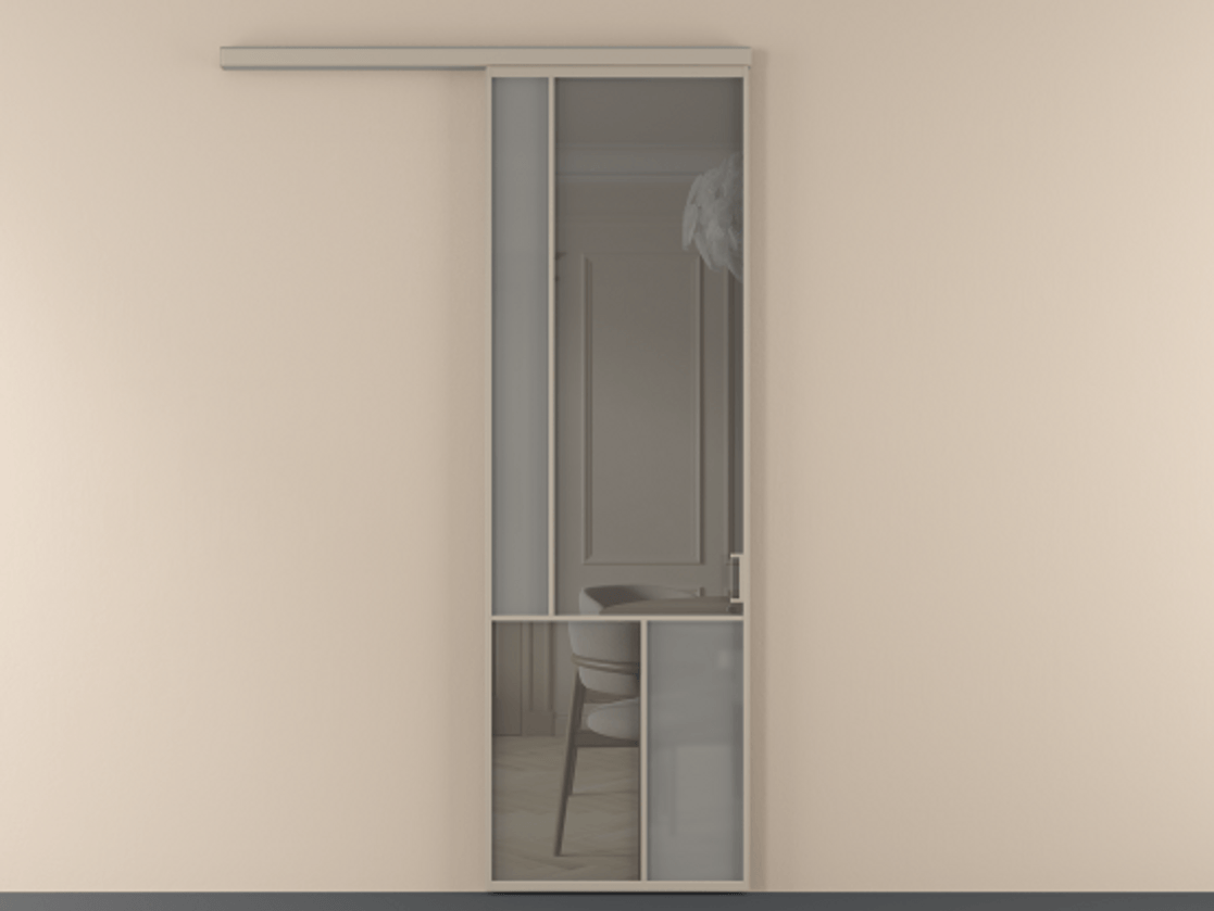 Перегородка Mosaic вдоль стены 1 створка АЛПР 041.20 Алюминий бисквитный Сатинированное серое стекло, триплекс, 6 мм + Прозрачное серое стекло, триплекс Цена 137030 ₽ | Volhovec