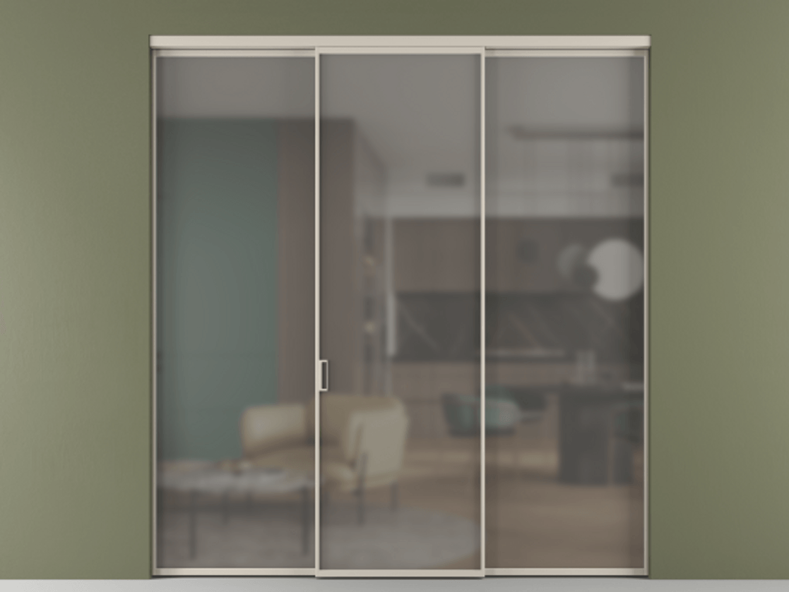 Перегородка Formato внутри проёма 3 створки АЛПР 040.01 Алюминий светло-бежевый Сатинированное серое стекло, триплекс Цена 225125 ₽ | Volhovec