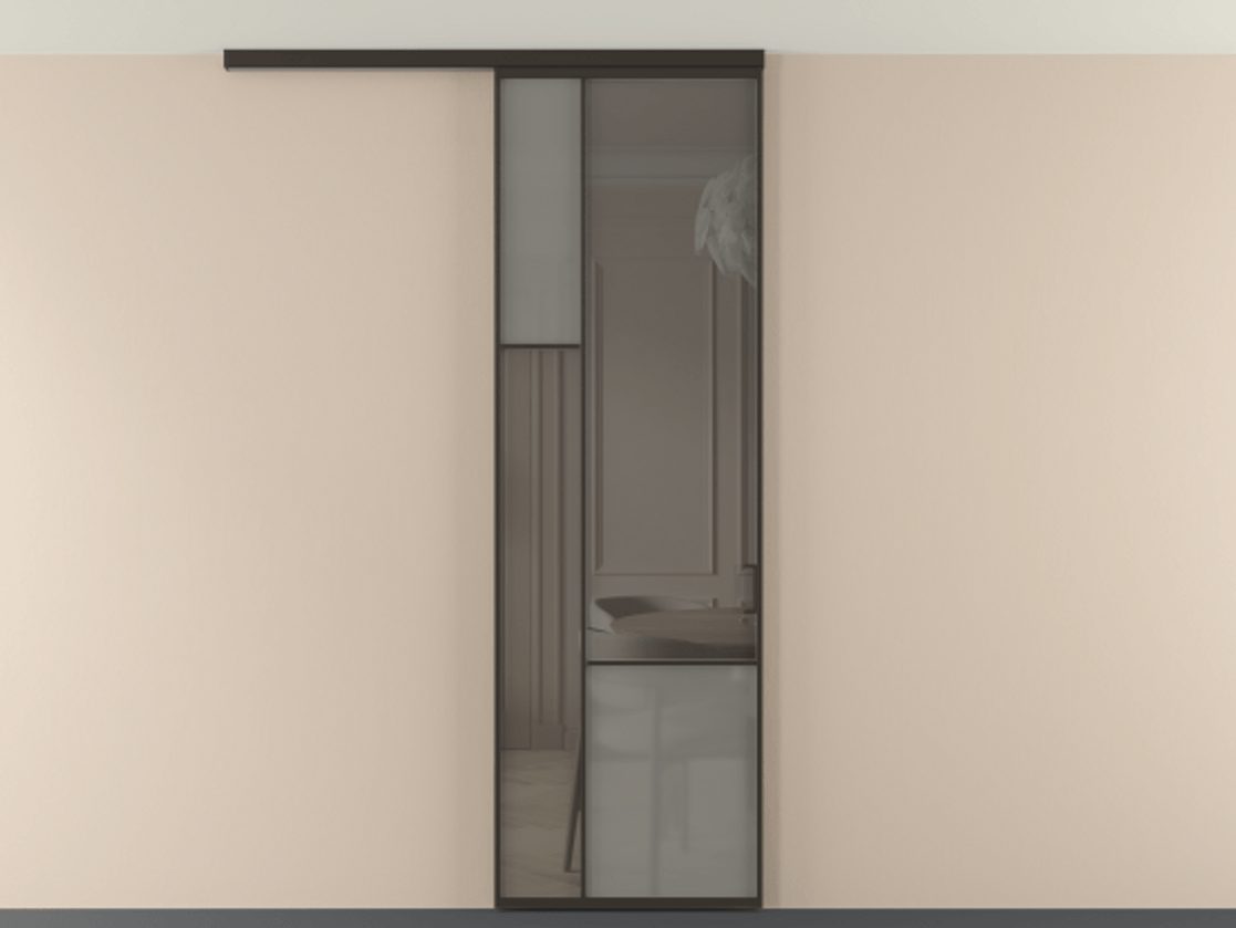 Перегородка Мозаик вдоль стены на потолок 1 створка АЛПР 041.13 Алюминий антрацит Сатинированное серое стекло, триплекс, 6 мм + Прозрачное серое стекло, триплекс Цена 135040 ₽ | Volhovec