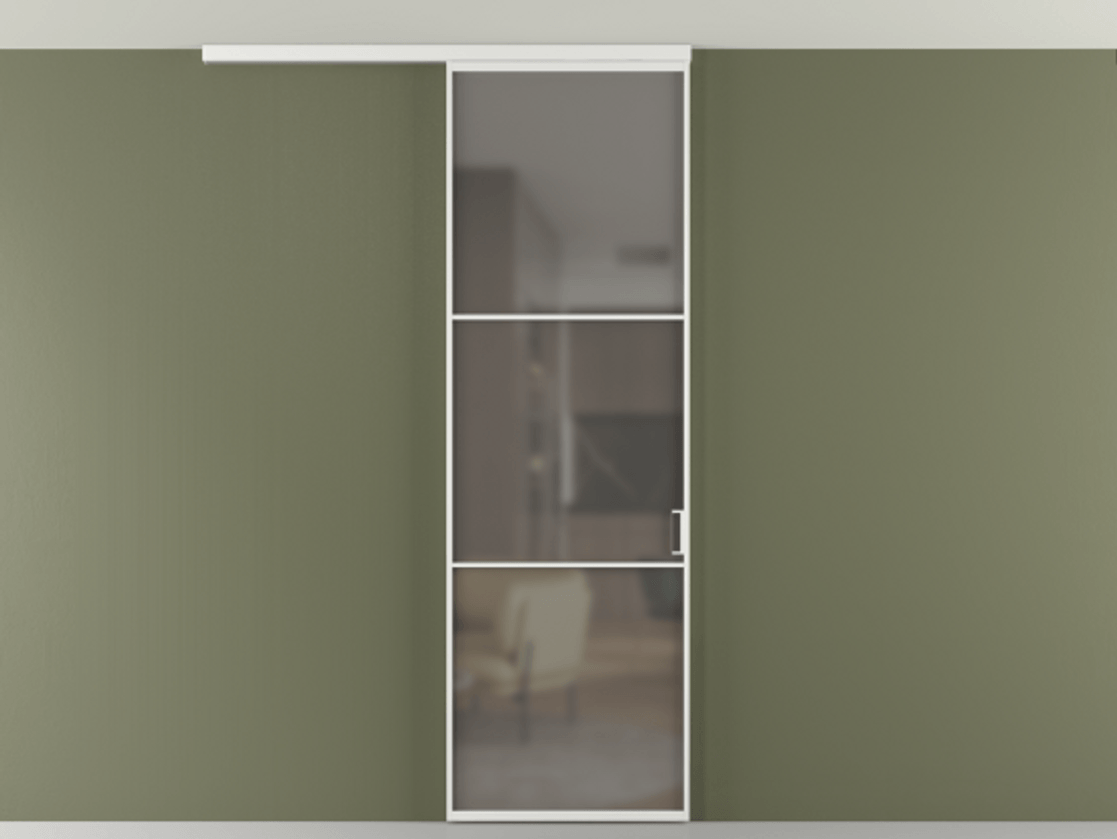 Перегородка Формато вдоль стены на потолок 1 створка АЛПР 040.03 Алюминий белоснежный Сатинированное серое стекло, триплекс Цена 100988 ₽ | Volhovec