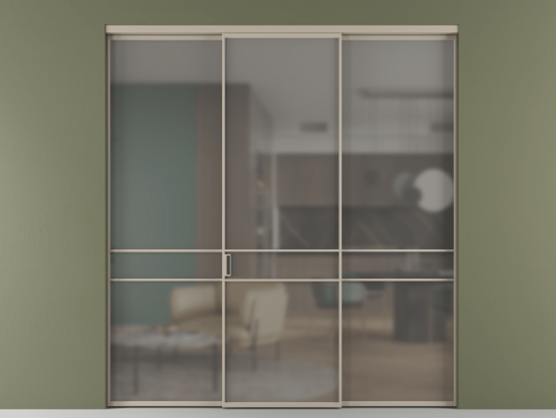 Перегородка Формато внутри проёма 3 створки АЛПР 040.02 Алюминий бисквитный Сатинированное серое стекло, триплекс Цена 237275 ₽ | Volhovec