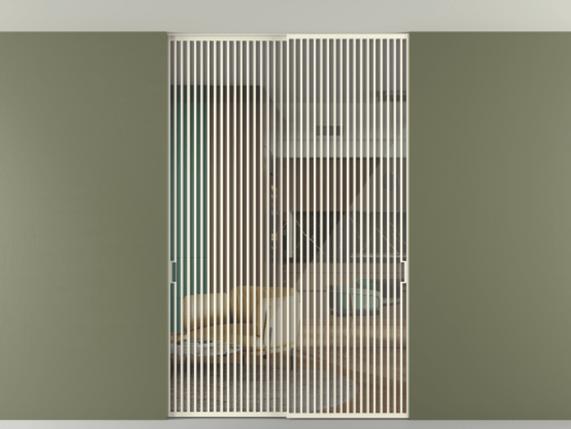 Перегородка Формато внутри проёма скрытое крепление в потолок 2 створки АЛПР 040.06 Алюминий молочно-белый Рефлективное прозрачное стекло "Стопсол", калёное Цена 521120 ₽ | Volhovec