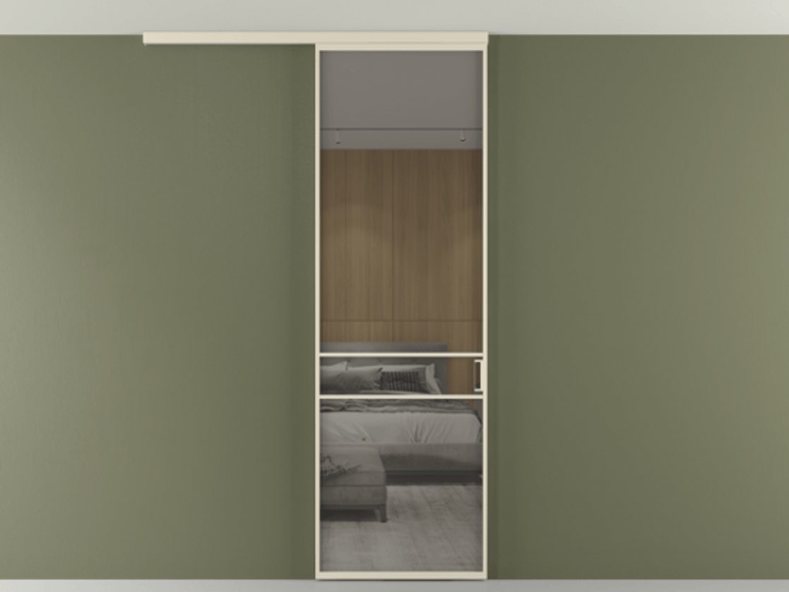 Перегородка Formato вдоль стены на потолок 1 створка АЛПР 040.02 Алюминий бежево-серый Рефлективное серое стекло "Stopsol", калёное Цена 125510 ₽ | Volhovec