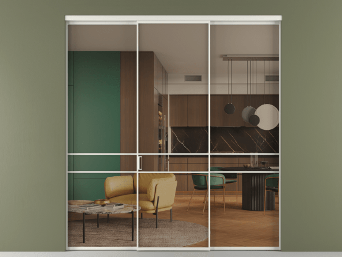 Перегородка Формато внутри проёма 3 створки АЛПР 040.02 Алюминий серый Прозрачное бронзовое стекло, триплекс Цена 237275 ₽ | Volhovec