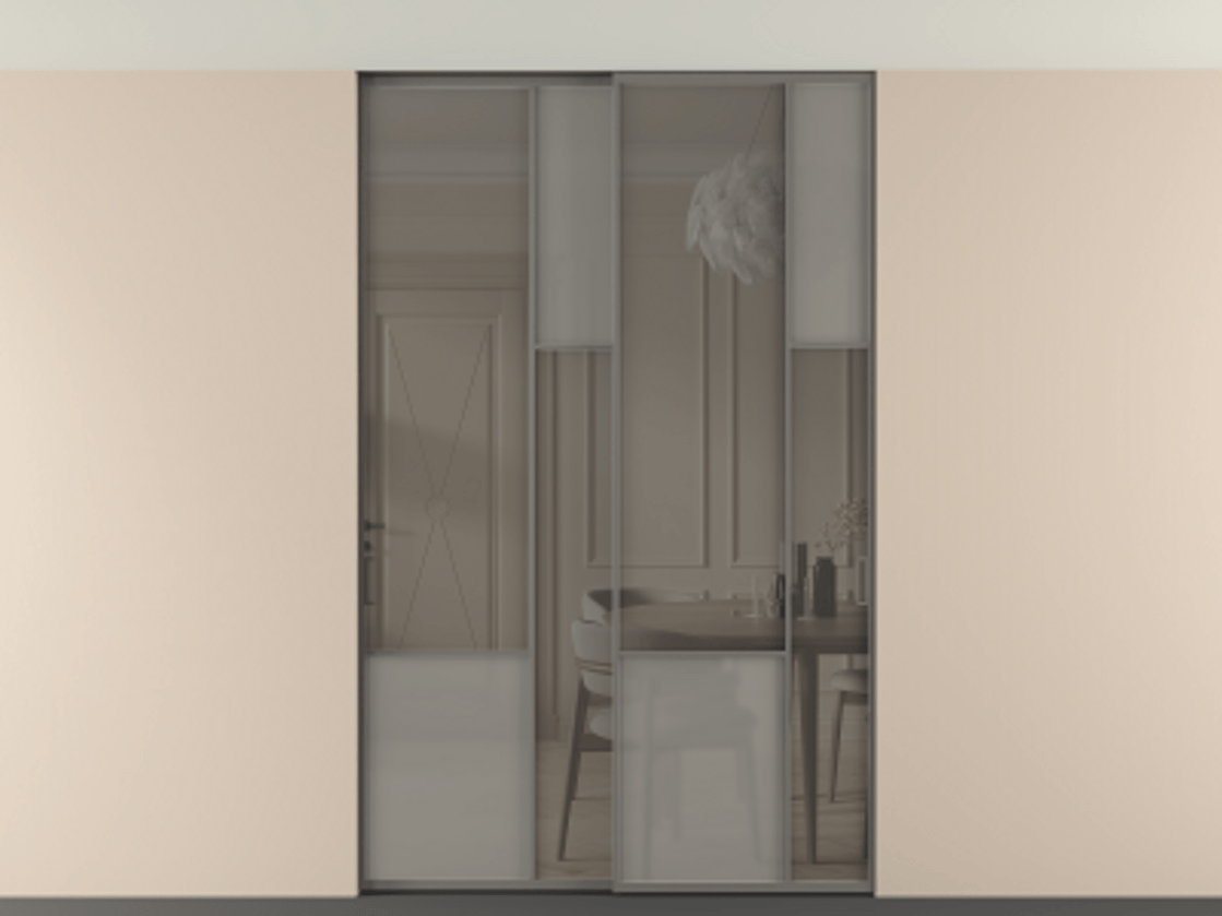 Перегородка Мозаик внутри проёма скрытое крепление в потолок 2 створки АЛПР 041.12 Алюминий классический серый Сатинированное серое стекло, триплекс, 6 мм + Прозрачное серое стекло, триплекс Цена 324580 ₽ | Volhovec