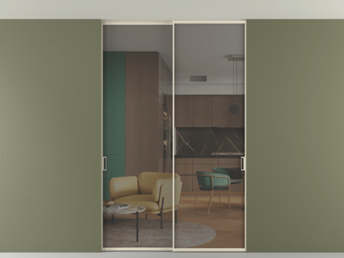 Перегородка Формато внутри проёма скрытое крепление в потолок 2 створки АЛПР 040.01 Алюминий бежево-серый Прозрачное серое стекло, триплекс Цена 239305 ₽ | Volhovec