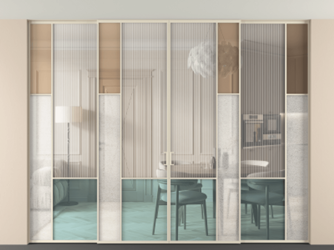 Перегородка Mosaic внутри проёма четырёхстворчатая со скрытым креплением в потолок АЛПР 041.12 Алюминий бежево-серый Комбинация стекол Группы 1 и Группы 3 Цена 113566320 so'm | Volhovec