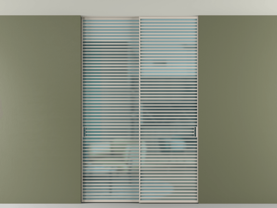 Перегородка Формато внутри проёма скрытое крепление в потолок 2 створки АЛПР 040.07 Алюминий светло-бежевый Сатинированное голубое стекло, триплекс Цена 409915 ₽ | Volhovec