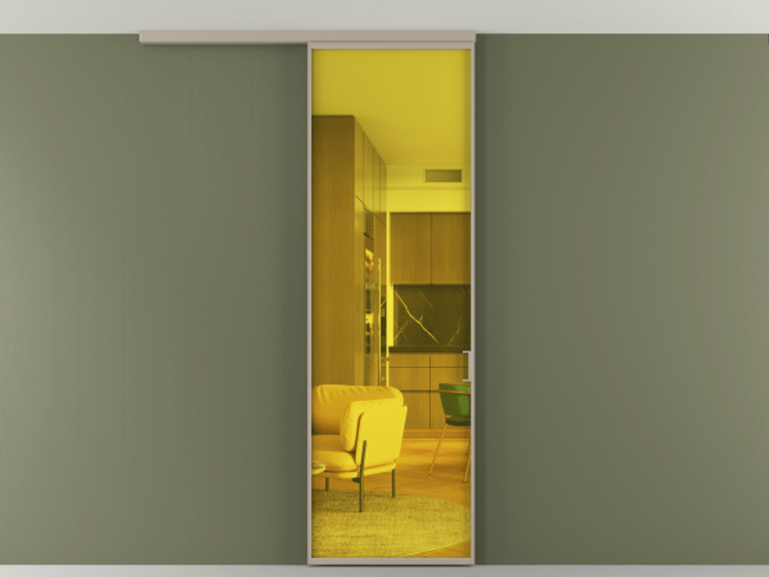 Перегородка Formato вдоль стены на потолок 1 створка АЛПР 040.01 Алюминий бисквитный Прозрачное жёлтое стекло, триплекс Цена 96236 ₽ | Volhovec