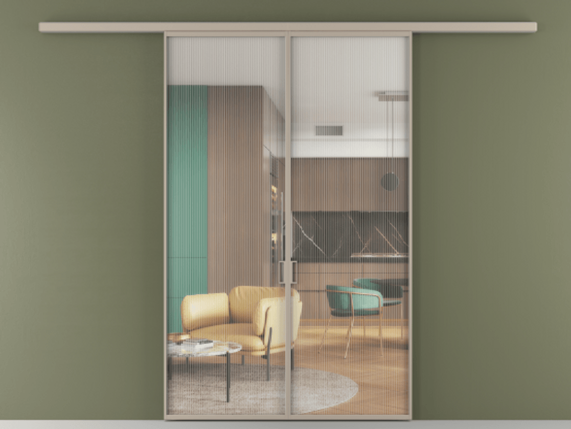 Перегородка Formato вдоль стены 2 створки АЛПР 040.01 Алюминий бисквитный Рифлёное стекло "Moru", триплекс Цена 238200 ₽ | Volhovec