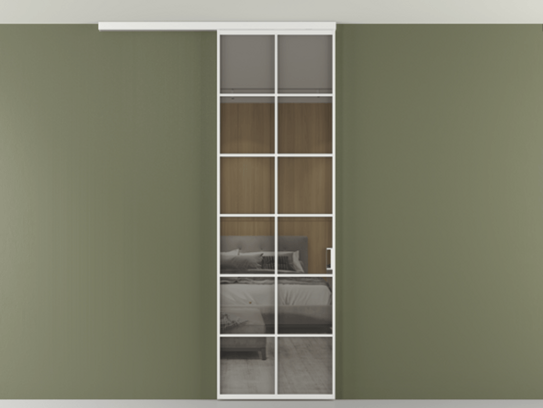 Перегородка Формато вдоль стены на потолок 1 створка АЛПР 040.05 Алюминий белоснежный Рефлективное серое стекло "Стопсол", калёное Цена 114252 ₽ | Volhovec